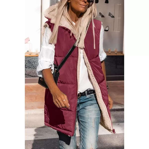 imagePRETTYGARDEN Womens 2023 Fall Reversible Vests Sleeveless Fleece Jacket Zip Up Hoodie Pockets Long Warm Winter Coat OuterwearWine Red