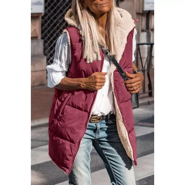 imagePRETTYGARDEN Womens 2023 Fall Reversible Vests Sleeveless Fleece Jacket Zip Up Hoodie Pockets Long Warm Winter Coat OuterwearWine Red