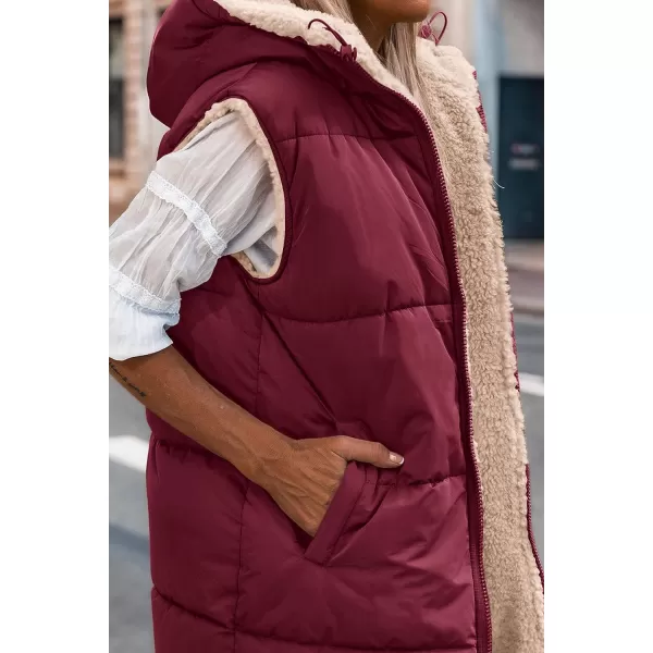 imagePRETTYGARDEN Womens 2023 Fall Reversible Vests Sleeveless Fleece Jacket Zip Up Hoodie Pockets Long Warm Winter Coat OuterwearWine Red