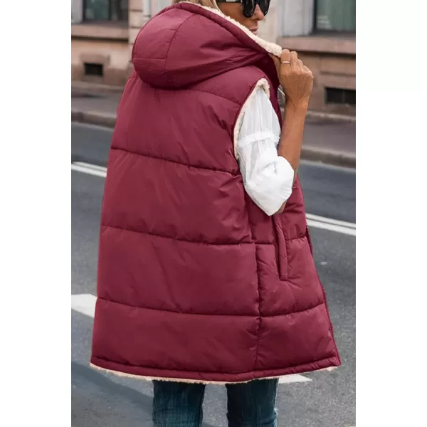 imagePRETTYGARDEN Womens 2023 Fall Reversible Vests Sleeveless Fleece Jacket Zip Up Hoodie Pockets Long Warm Winter Coat OuterwearWine Red