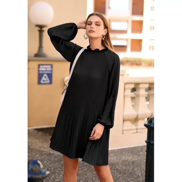 imagePRETTYGARDEN Womens 2023 Fall Short Flowy Dress Casual Long Sleeve Ruffle A Line Swing DressesBlack