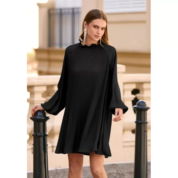 imagePRETTYGARDEN Womens 2023 Fall Short Flowy Dress Casual Long Sleeve Ruffle A Line Swing DressesBlack