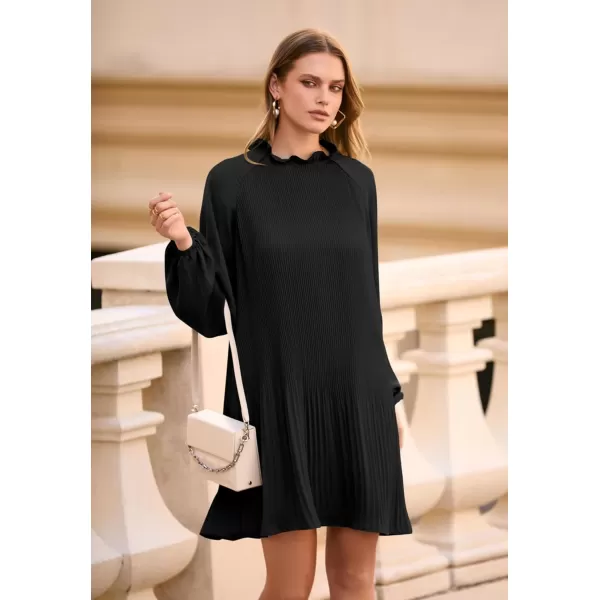 imagePRETTYGARDEN Womens 2023 Fall Short Flowy Dress Casual Long Sleeve Ruffle A Line Swing DressesBlack