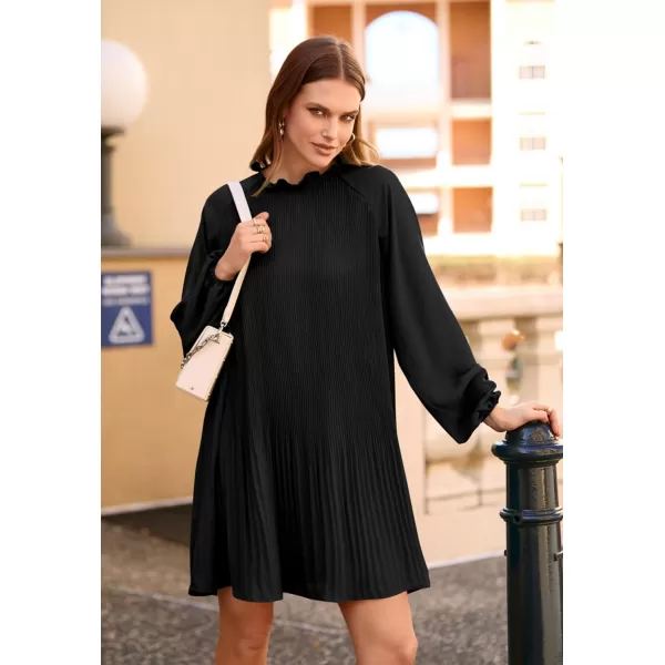 imagePRETTYGARDEN Womens 2023 Fall Short Flowy Dress Casual Long Sleeve Ruffle A Line Swing DressesBlack