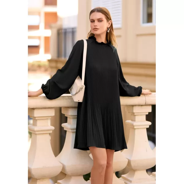 imagePRETTYGARDEN Womens 2023 Fall Short Flowy Dress Casual Long Sleeve Ruffle A Line Swing DressesBlack