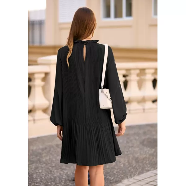imagePRETTYGARDEN Womens 2023 Fall Short Flowy Dress Casual Long Sleeve Ruffle A Line Swing DressesBlack