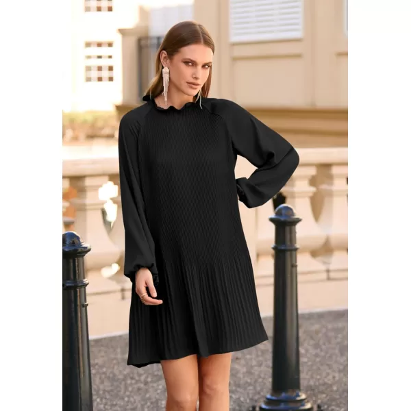 imagePRETTYGARDEN Womens 2023 Fall Short Flowy Dress Casual Long Sleeve Ruffle A Line Swing DressesBlack