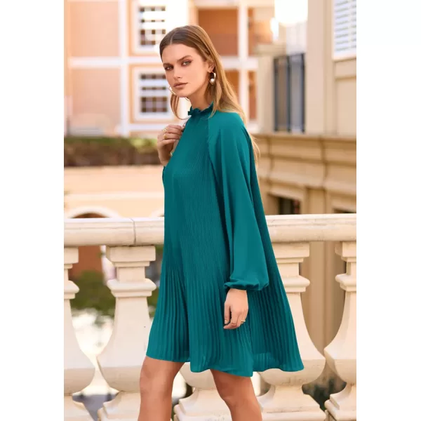 imagePRETTYGARDEN Womens 2023 Fall Short Flowy Dress Casual Long Sleeve Ruffle A Line Swing DressesLake Blue