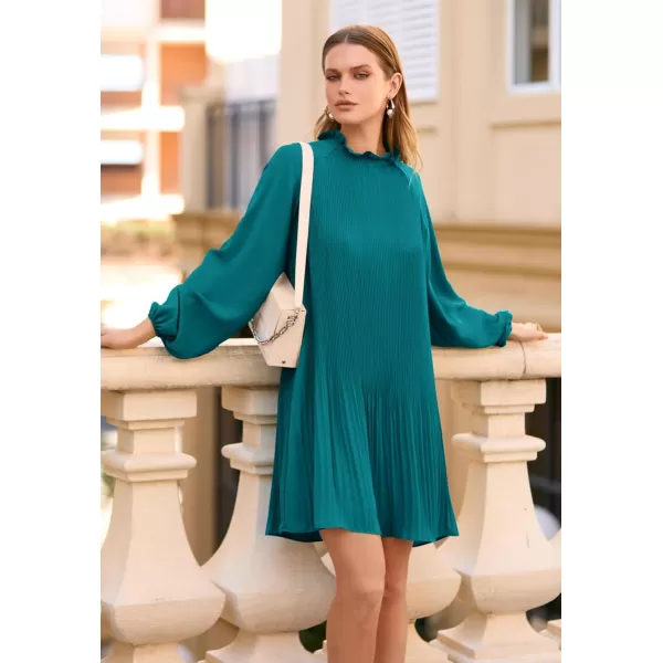 imagePRETTYGARDEN Womens 2023 Fall Short Flowy Dress Casual Long Sleeve Ruffle A Line Swing DressesLake Blue
