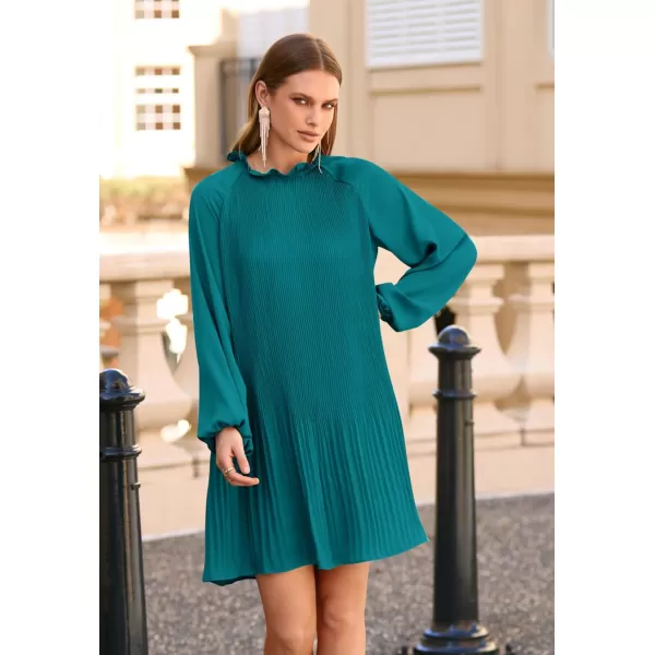 imagePRETTYGARDEN Womens 2023 Fall Short Flowy Dress Casual Long Sleeve Ruffle A Line Swing DressesLake Blue