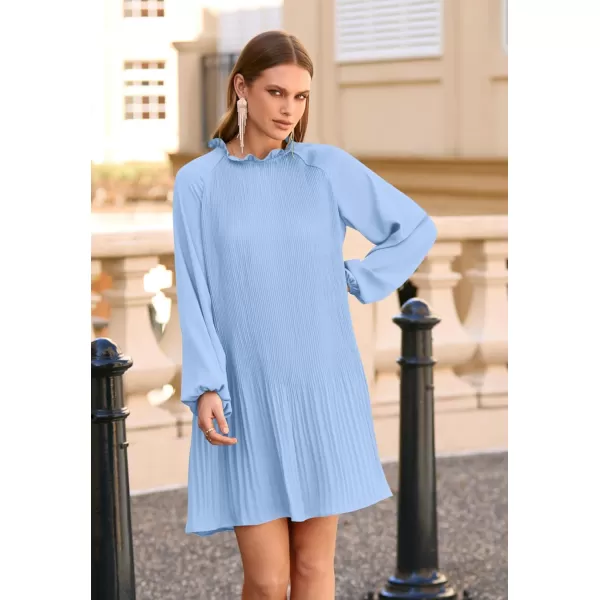 imagePRETTYGARDEN Womens 2023 Fall Short Flowy Dress Casual Long Sleeve Ruffle A Line Swing DressesLight Blue