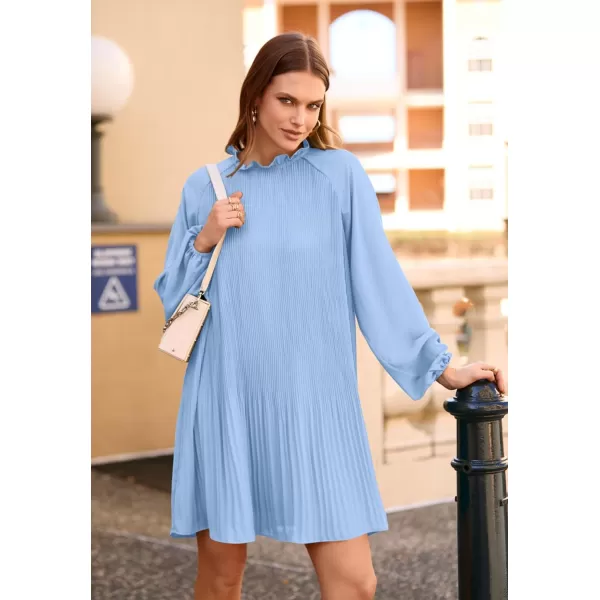 imagePRETTYGARDEN Womens 2023 Fall Short Flowy Dress Casual Long Sleeve Ruffle A Line Swing DressesLight Blue