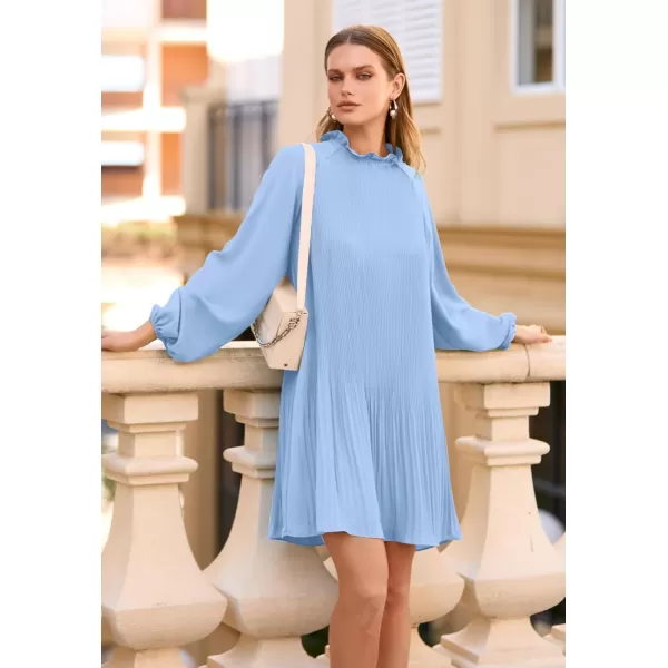 imagePRETTYGARDEN Womens 2023 Fall Short Flowy Dress Casual Long Sleeve Ruffle A Line Swing DressesLight Blue