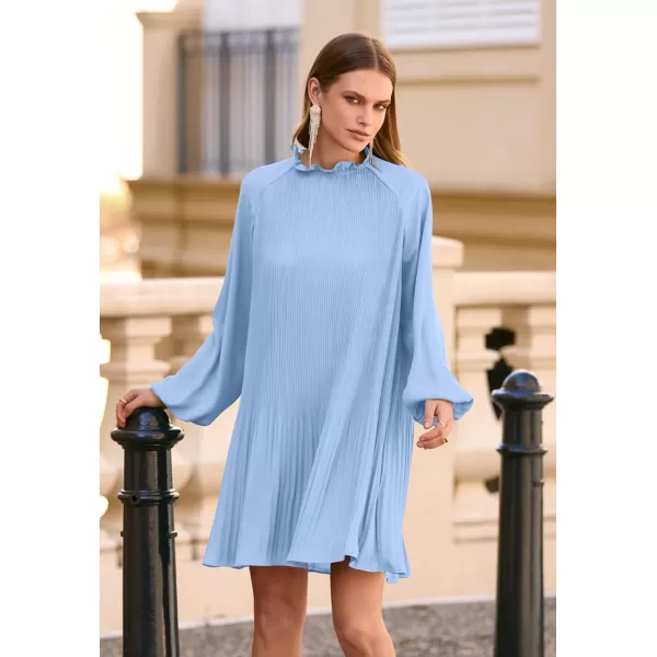 imagePRETTYGARDEN Womens 2023 Fall Short Flowy Dress Casual Long Sleeve Ruffle A Line Swing DressesLight Blue