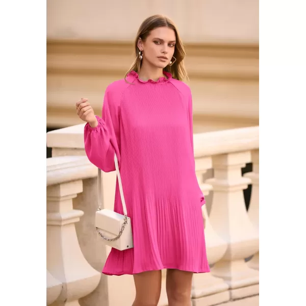imagePRETTYGARDEN Womens 2023 Fall Short Flowy Dress Casual Long Sleeve Ruffle A Line Swing DressesRose Red