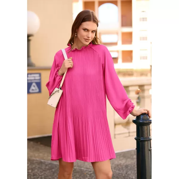 imagePRETTYGARDEN Womens 2023 Fall Short Flowy Dress Casual Long Sleeve Ruffle A Line Swing DressesRose Red