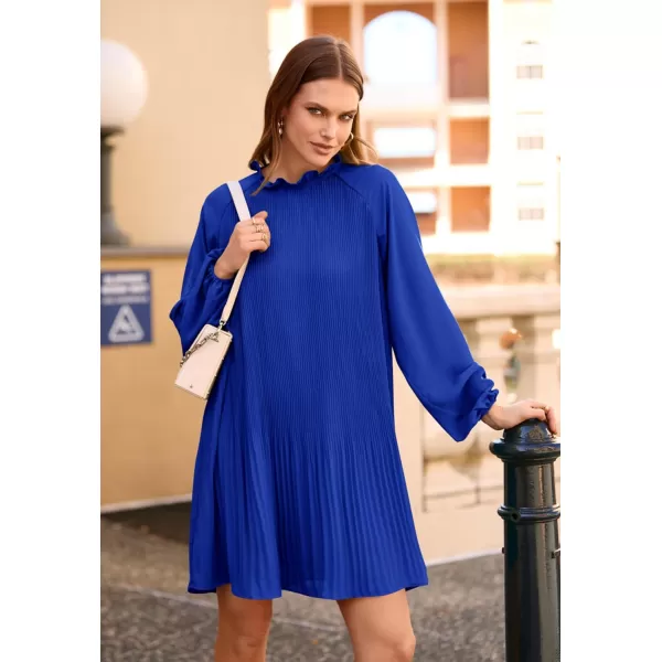 imagePRETTYGARDEN Womens 2023 Fall Short Flowy Dress Casual Long Sleeve Ruffle A Line Swing DressesRoyal Blue