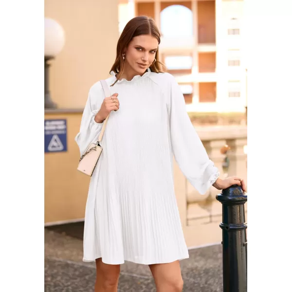 imagePRETTYGARDEN Womens 2023 Fall Short Flowy Dress Casual Long Sleeve Ruffle A Line Swing DressesWhite