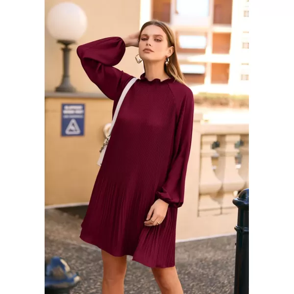 imagePRETTYGARDEN Womens 2023 Fall Short Flowy Dress Casual Long Sleeve Ruffle A Line Swing DressesWine Red