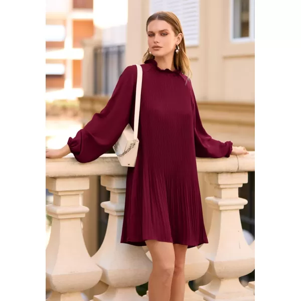 imagePRETTYGARDEN Womens 2023 Fall Short Flowy Dress Casual Long Sleeve Ruffle A Line Swing DressesWine Red
