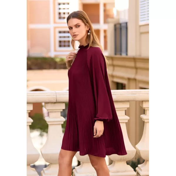 imagePRETTYGARDEN Womens 2023 Fall Short Flowy Dress Casual Long Sleeve Ruffle A Line Swing DressesWine Red