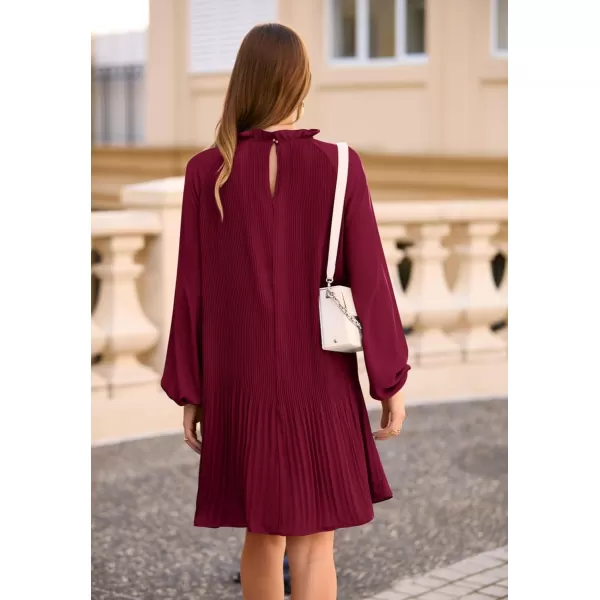 imagePRETTYGARDEN Womens 2023 Fall Short Flowy Dress Casual Long Sleeve Ruffle A Line Swing DressesWine Red