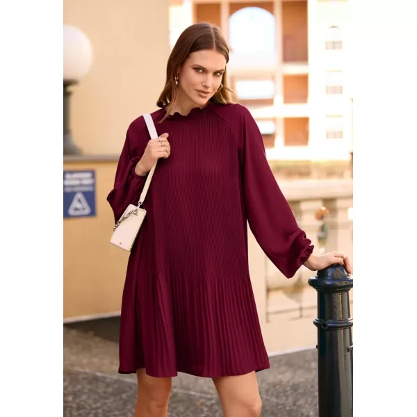 imagePRETTYGARDEN Womens 2023 Fall Short Flowy Dress Casual Long Sleeve Ruffle A Line Swing DressesWine Red