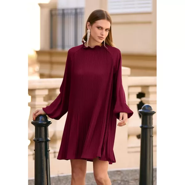 imagePRETTYGARDEN Womens 2023 Fall Short Flowy Dress Casual Long Sleeve Ruffle A Line Swing DressesWine Red