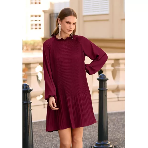imagePRETTYGARDEN Womens 2023 Fall Short Flowy Dress Casual Long Sleeve Ruffle A Line Swing DressesWine Red