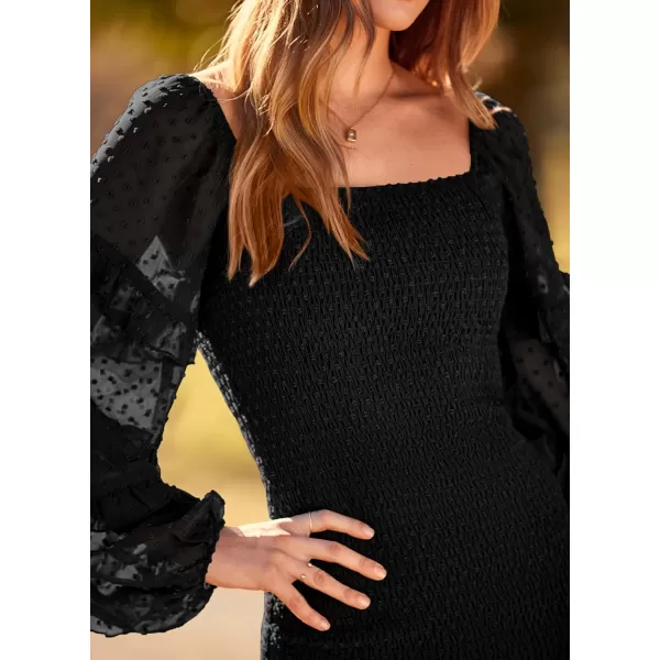 imagePRETTYGARDEN Womens 2023 Fall Smocked Bodycon Mini Dress Long Sleeve Square Neck Swiss Dot Ruffle Mermaid Elegant DressesBlack