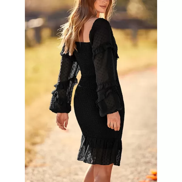imagePRETTYGARDEN Womens 2023 Fall Smocked Bodycon Mini Dress Long Sleeve Square Neck Swiss Dot Ruffle Mermaid Elegant DressesBlack