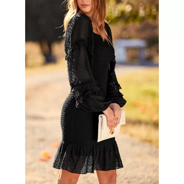 imagePRETTYGARDEN Womens 2023 Fall Smocked Bodycon Mini Dress Long Sleeve Square Neck Swiss Dot Ruffle Mermaid Elegant DressesBlack