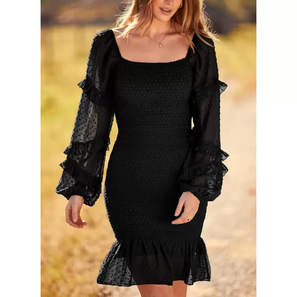 imagePRETTYGARDEN Womens 2023 Fall Smocked Bodycon Mini Dress Long Sleeve Square Neck Swiss Dot Ruffle Mermaid Elegant DressesBlack