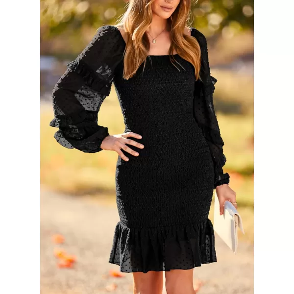 imagePRETTYGARDEN Womens 2023 Fall Smocked Bodycon Mini Dress Long Sleeve Square Neck Swiss Dot Ruffle Mermaid Elegant DressesBlack