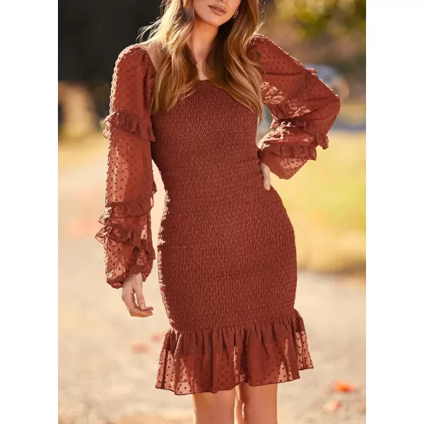 imagePRETTYGARDEN Womens 2023 Fall Smocked Bodycon Mini Dress Long Sleeve Square Neck Swiss Dot Ruffle Mermaid Elegant DressesBrown