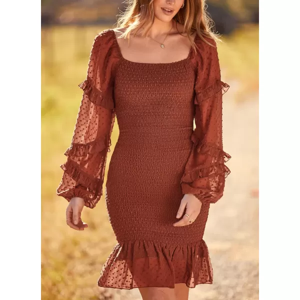 imagePRETTYGARDEN Womens 2023 Fall Smocked Bodycon Mini Dress Long Sleeve Square Neck Swiss Dot Ruffle Mermaid Elegant DressesBrown