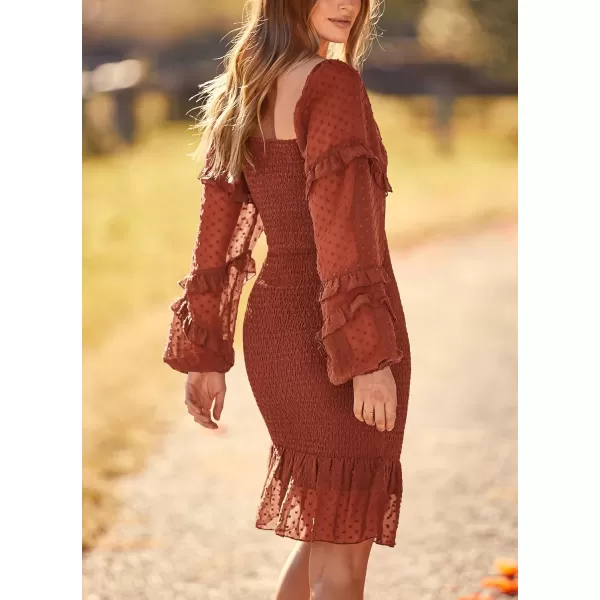 imagePRETTYGARDEN Womens 2023 Fall Smocked Bodycon Mini Dress Long Sleeve Square Neck Swiss Dot Ruffle Mermaid Elegant DressesBrown