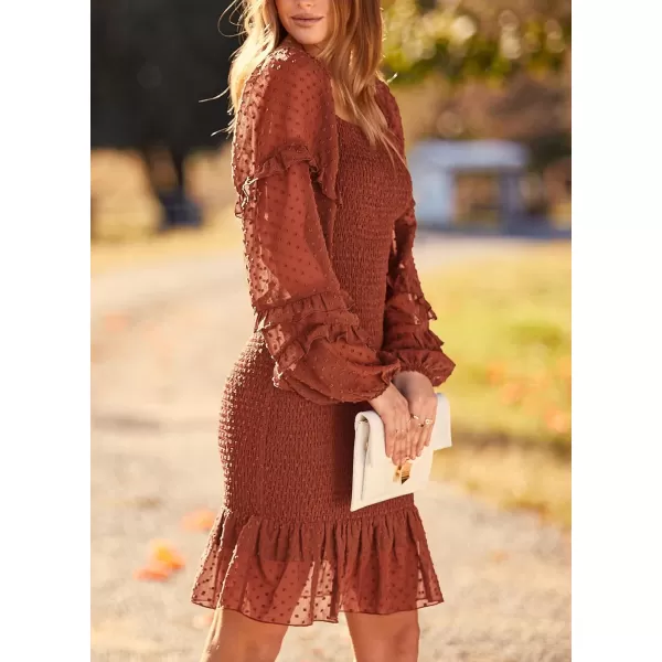 imagePRETTYGARDEN Womens 2023 Fall Smocked Bodycon Mini Dress Long Sleeve Square Neck Swiss Dot Ruffle Mermaid Elegant DressesBrown