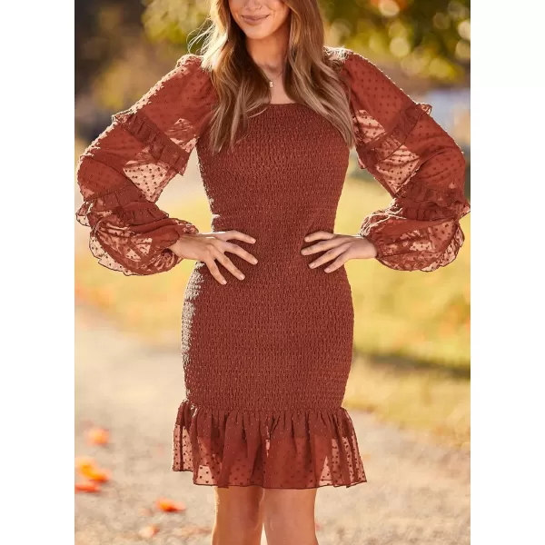 imagePRETTYGARDEN Womens 2023 Fall Smocked Bodycon Mini Dress Long Sleeve Square Neck Swiss Dot Ruffle Mermaid Elegant DressesBrown