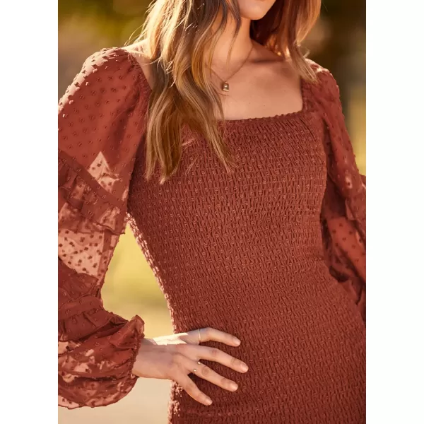 imagePRETTYGARDEN Womens 2023 Fall Smocked Bodycon Mini Dress Long Sleeve Square Neck Swiss Dot Ruffle Mermaid Elegant DressesBrown