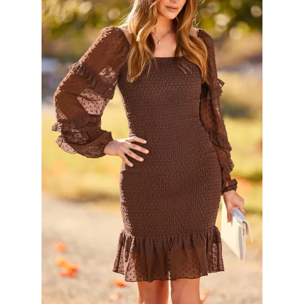 imagePRETTYGARDEN Womens 2023 Fall Smocked Bodycon Mini Dress Long Sleeve Square Neck Swiss Dot Ruffle Mermaid Elegant DressesCoffee