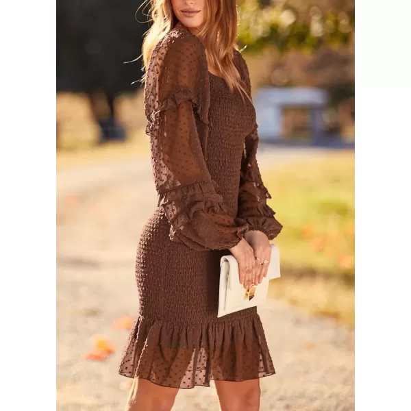 imagePRETTYGARDEN Womens 2023 Fall Smocked Bodycon Mini Dress Long Sleeve Square Neck Swiss Dot Ruffle Mermaid Elegant DressesCoffee