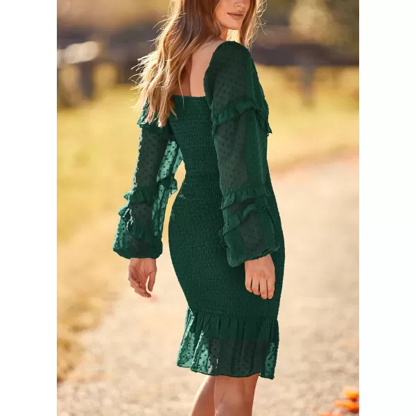 imagePRETTYGARDEN Womens 2023 Fall Smocked Bodycon Mini Dress Long Sleeve Square Neck Swiss Dot Ruffle Mermaid Elegant DressesDark Green