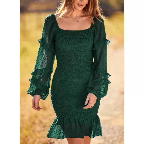 imagePRETTYGARDEN Womens 2023 Fall Smocked Bodycon Mini Dress Long Sleeve Square Neck Swiss Dot Ruffle Mermaid Elegant DressesDark Green