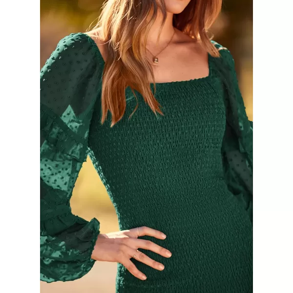 imagePRETTYGARDEN Womens 2023 Fall Smocked Bodycon Mini Dress Long Sleeve Square Neck Swiss Dot Ruffle Mermaid Elegant DressesDark Green