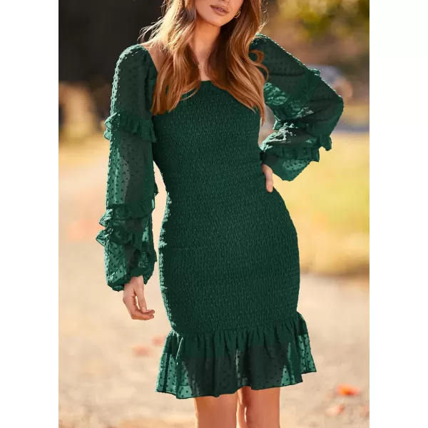 imagePRETTYGARDEN Womens 2023 Fall Smocked Bodycon Mini Dress Long Sleeve Square Neck Swiss Dot Ruffle Mermaid Elegant DressesDark Green