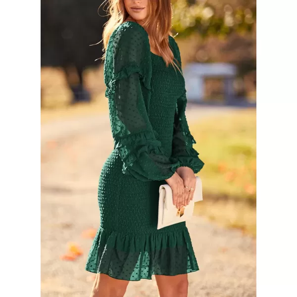 imagePRETTYGARDEN Womens 2023 Fall Smocked Bodycon Mini Dress Long Sleeve Square Neck Swiss Dot Ruffle Mermaid Elegant DressesDark Green