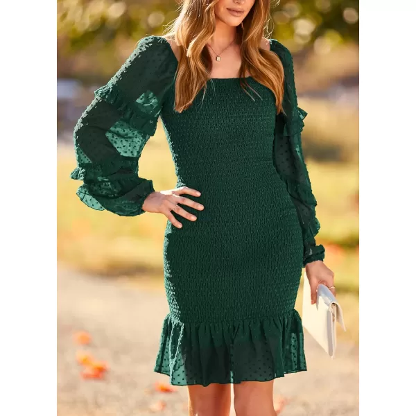 imagePRETTYGARDEN Womens 2023 Fall Smocked Bodycon Mini Dress Long Sleeve Square Neck Swiss Dot Ruffle Mermaid Elegant DressesDark Green