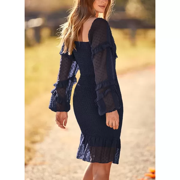 imagePRETTYGARDEN Womens 2023 Fall Smocked Bodycon Mini Dress Long Sleeve Square Neck Swiss Dot Ruffle Mermaid Elegant DressesNavy