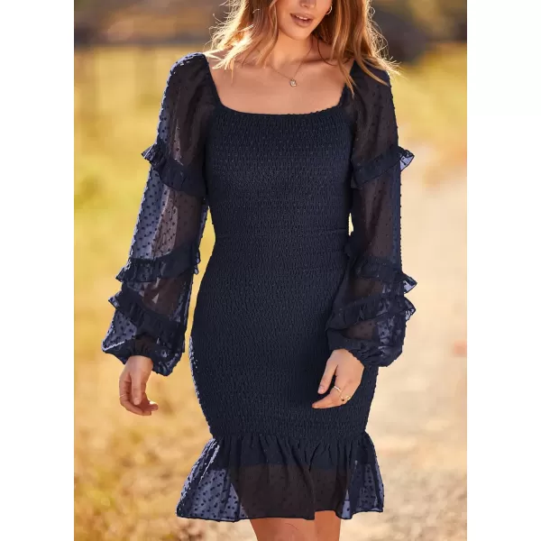 imagePRETTYGARDEN Womens 2023 Fall Smocked Bodycon Mini Dress Long Sleeve Square Neck Swiss Dot Ruffle Mermaid Elegant DressesNavy